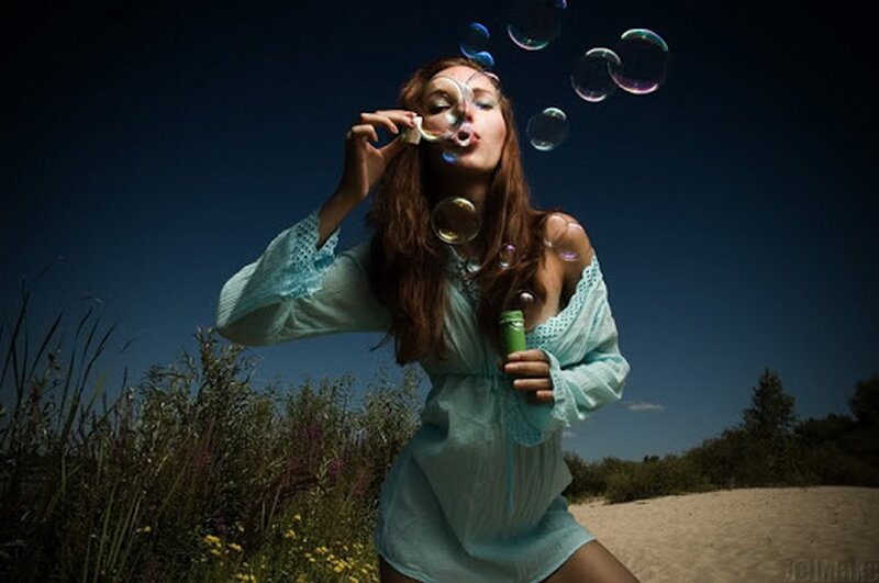 Woman Blowing Bubbles — Blue, Dramatic