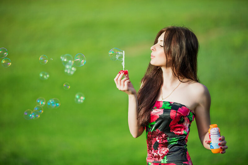 Woman Blowing Bubbles — Green, Serene, Afternoon, Photograph, Grass