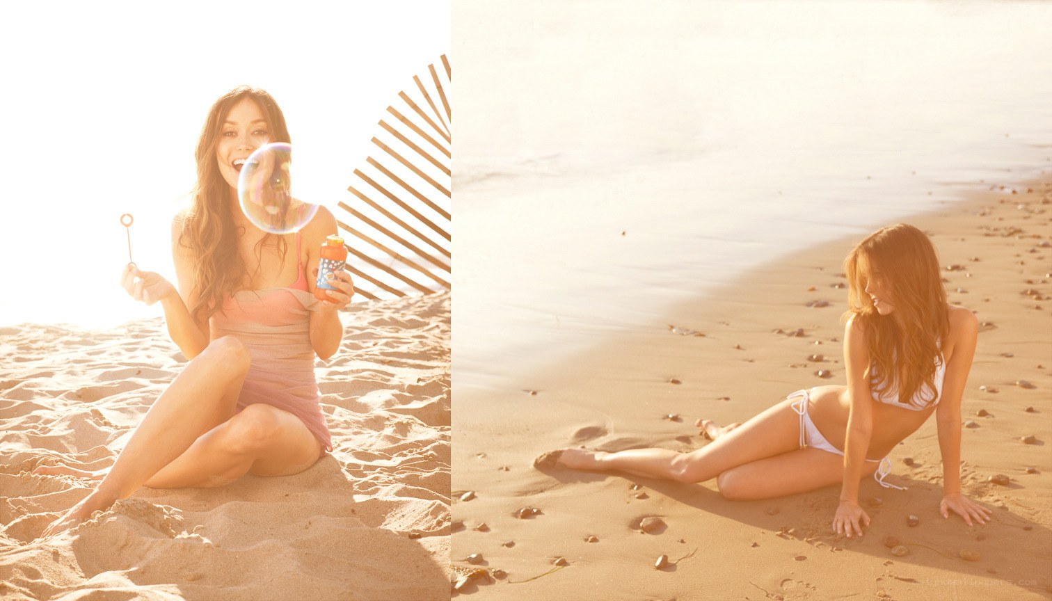 woman blowing bubbles on beach