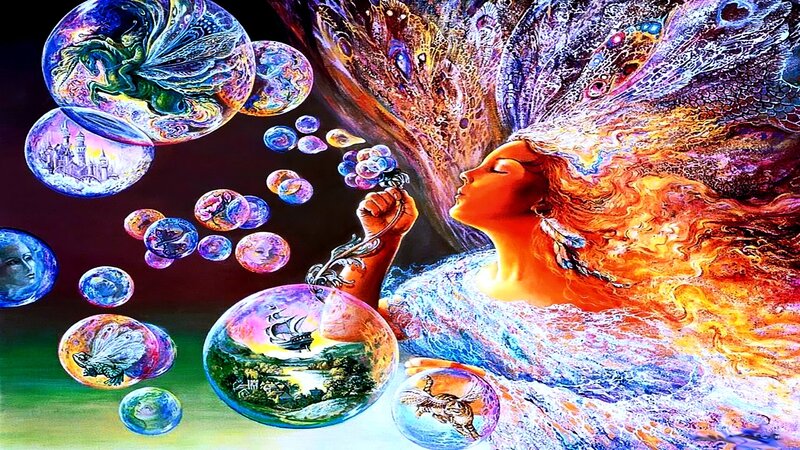 woman blowing colorful bubbles