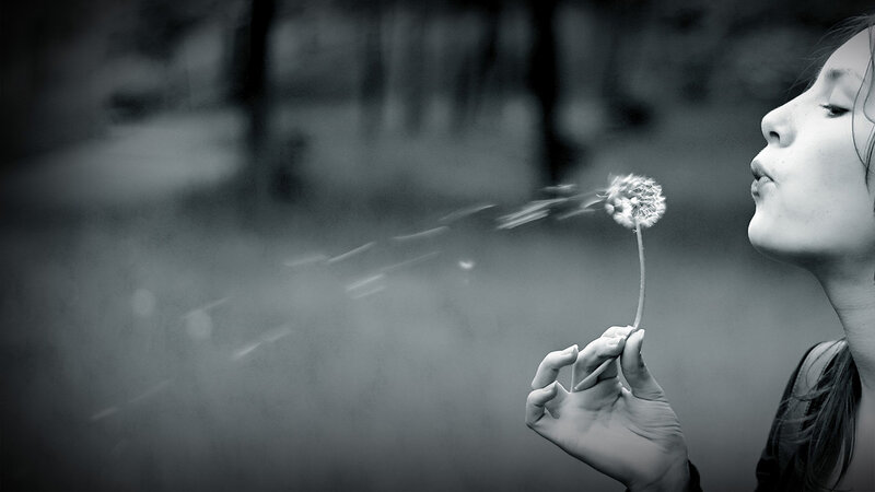 Woman Blowing Dandelion — Black, Serene, Photograph