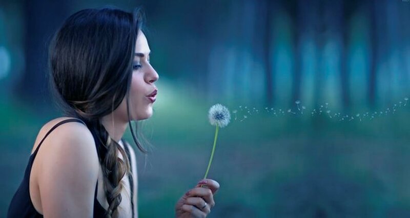 Woman Blowing Dandelion — Blue, Serene, Night