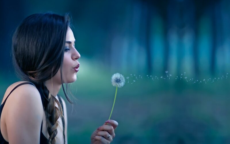Woman Blowing Dandelion — Blue, Serene