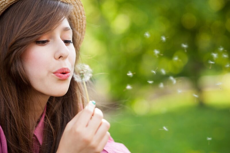 Woman Blowing Dandelion — Green, Serene, Afternoon, Photograph