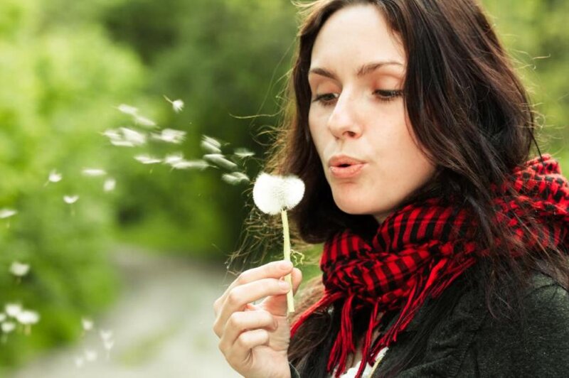 Woman Blowing Dandelion — Red, Calm