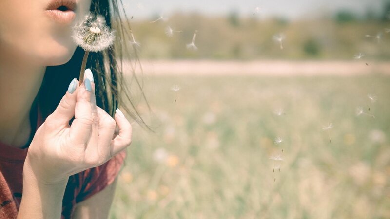 woman blowing dandelion seeds