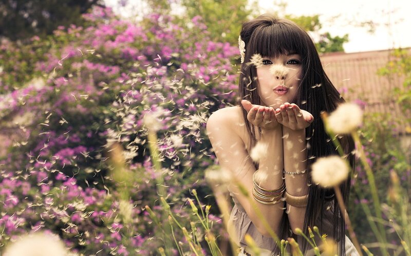 woman blowing dandelion seeds