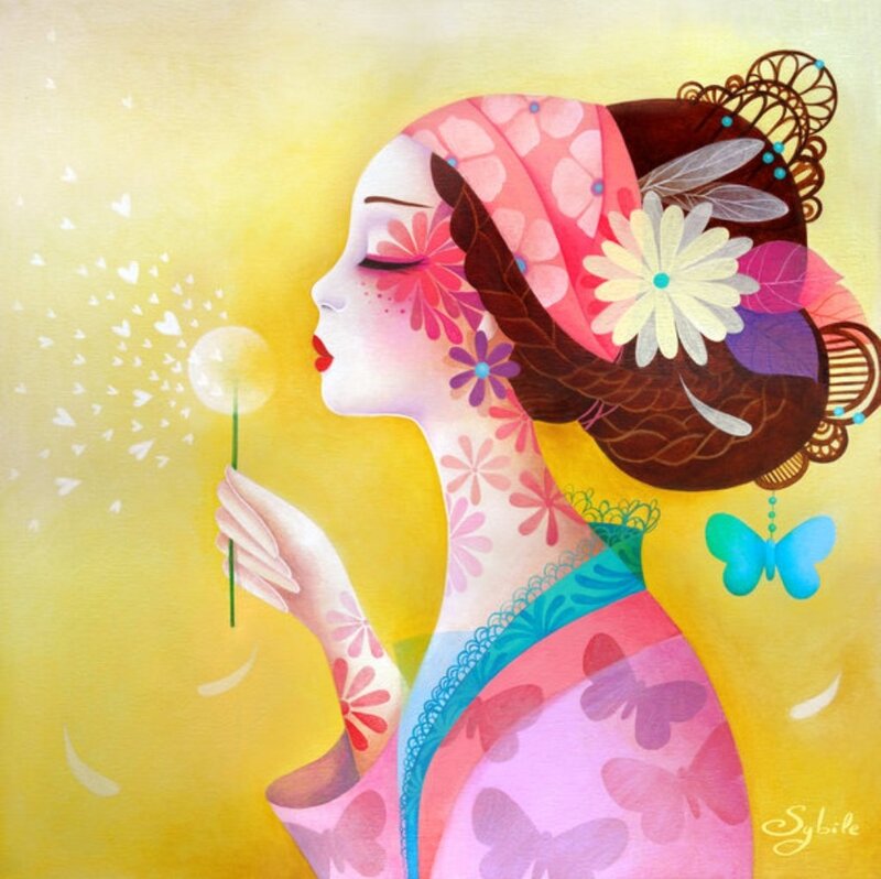 Woman Blowing Dandelion — Yellow, Serene