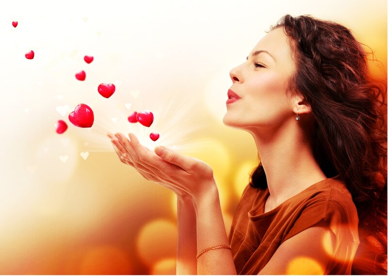 Woman Blowing Hearts — Red, Serene