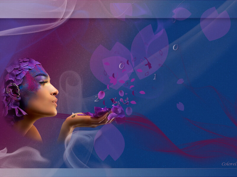 woman blowing purple petals