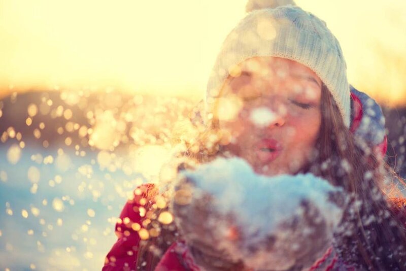 Woman Blowing Snow — White, Playful, Winter, Photograph, Hat