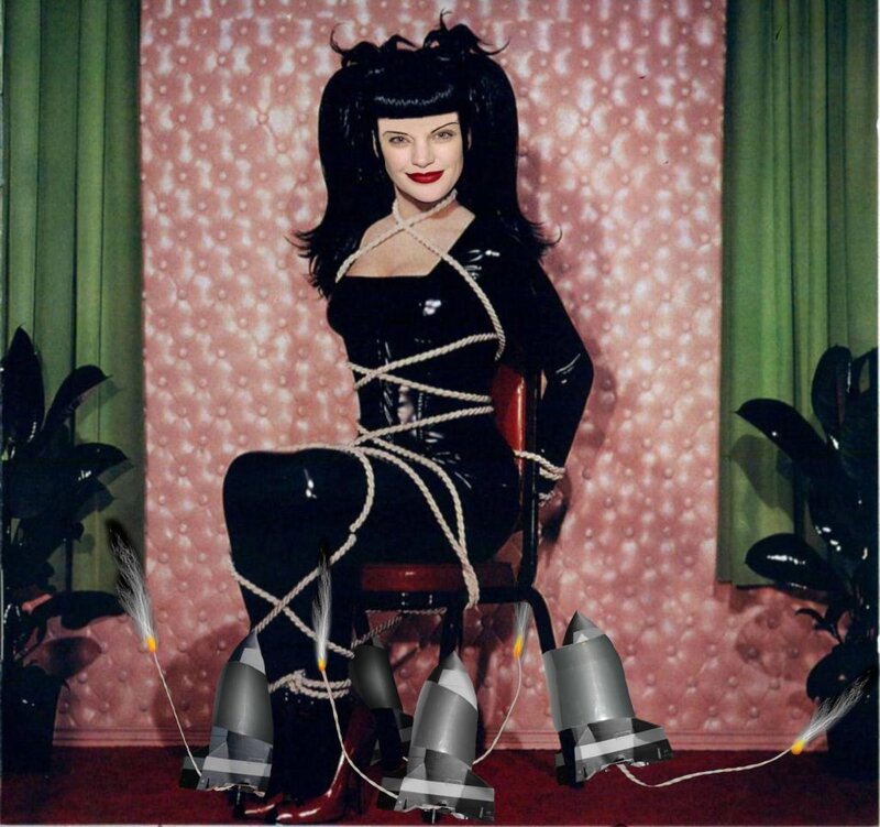 woman bound with ropes and rockets
