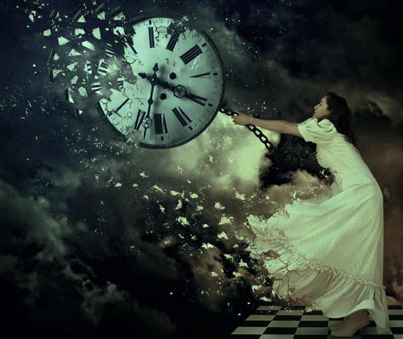 woman breaking a clock