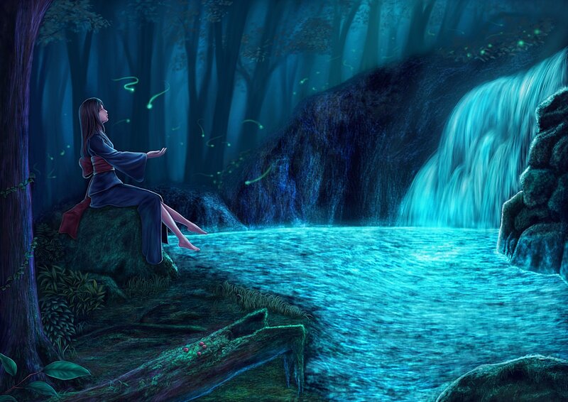 Woman by a glowing waterfall