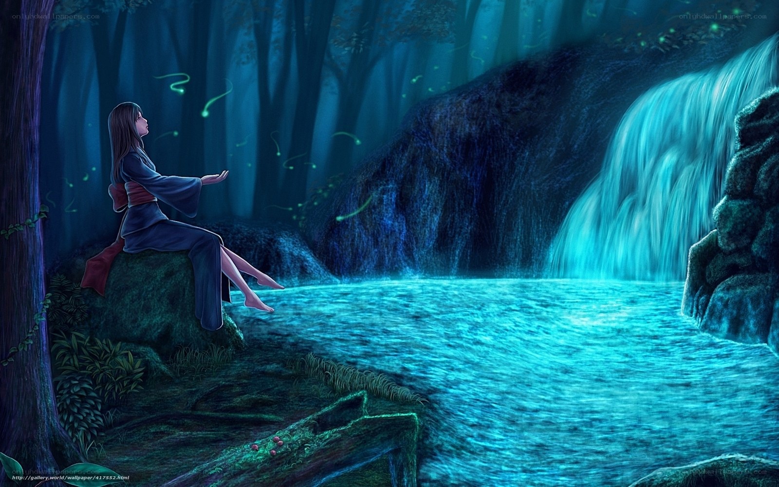 Woman by a glowing waterfall