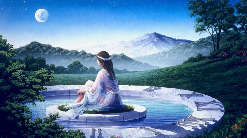 Woman by a moonlit pool