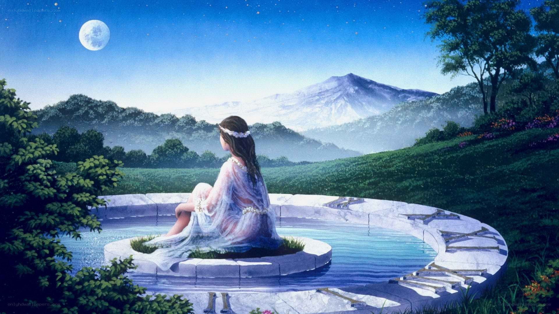 Woman by a moonlit pool