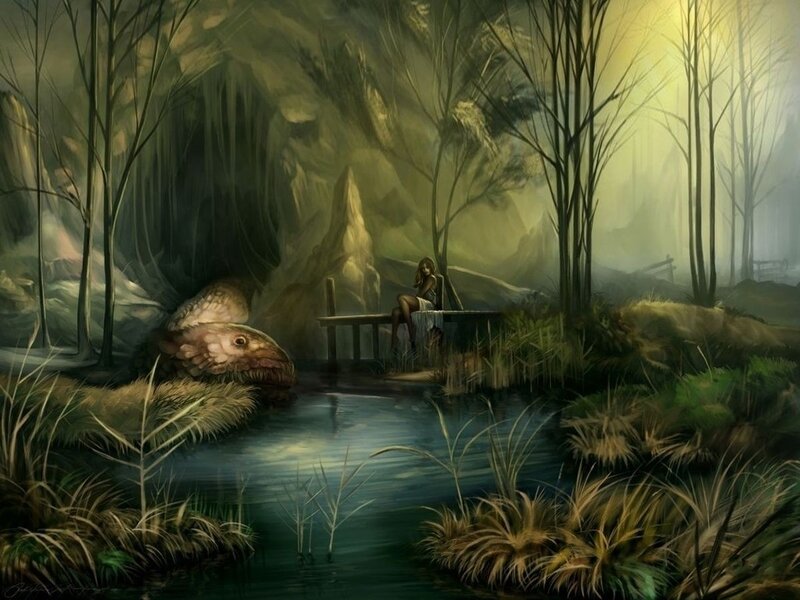 Woman by a mystical pond