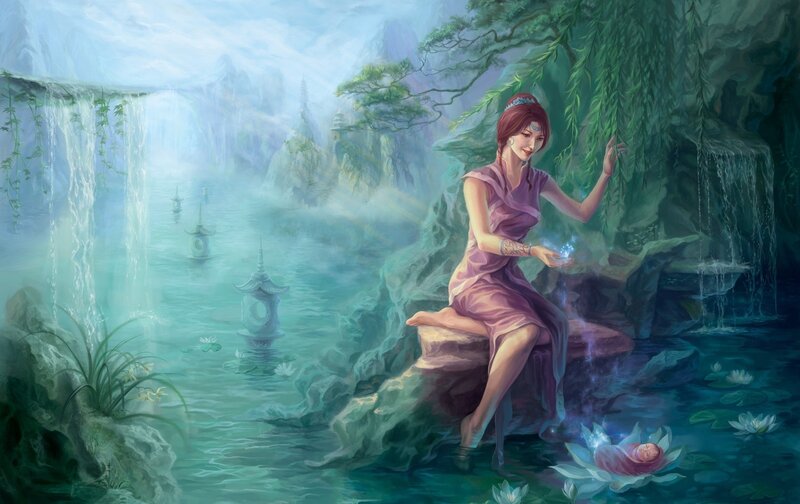 Woman by a mystical pond