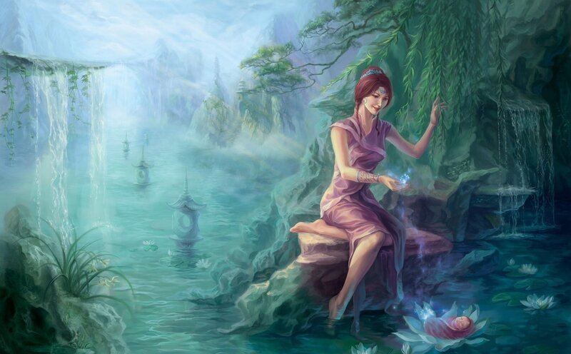 Woman by a mystical waterfall