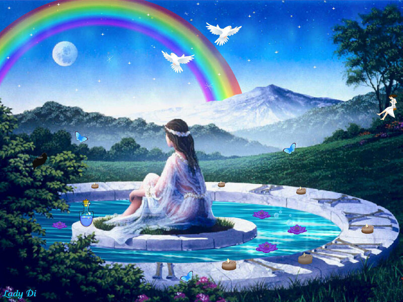 Woman by a pond under rainbow