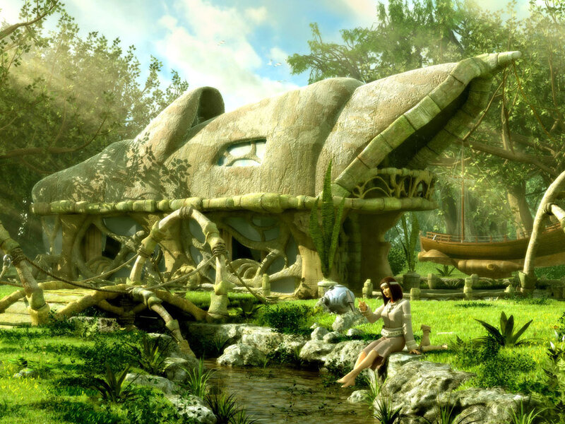 woman by a stream in a fantasy forest