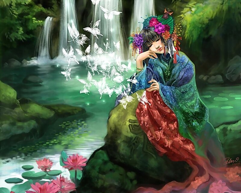 Woman by a waterfall with butterflies