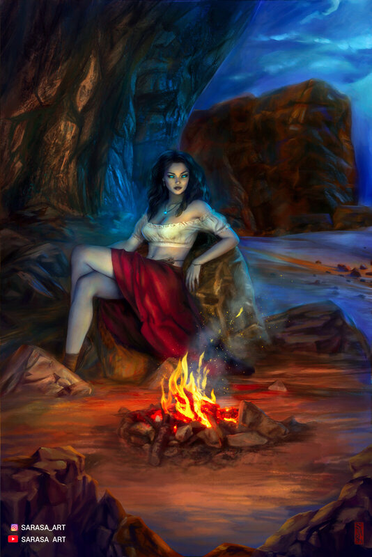 Woman by Campfire — Blue, Dramatic