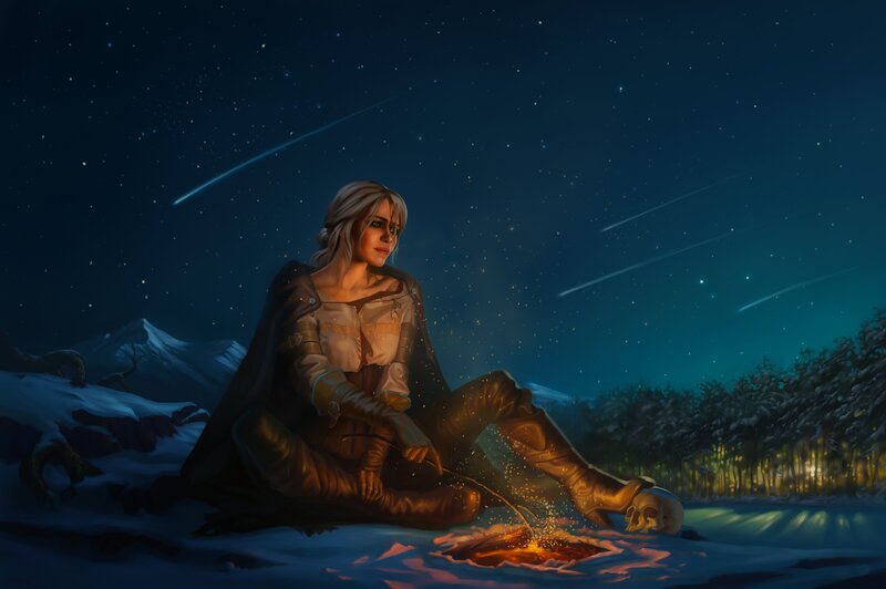 Woman by Campfire — Blue