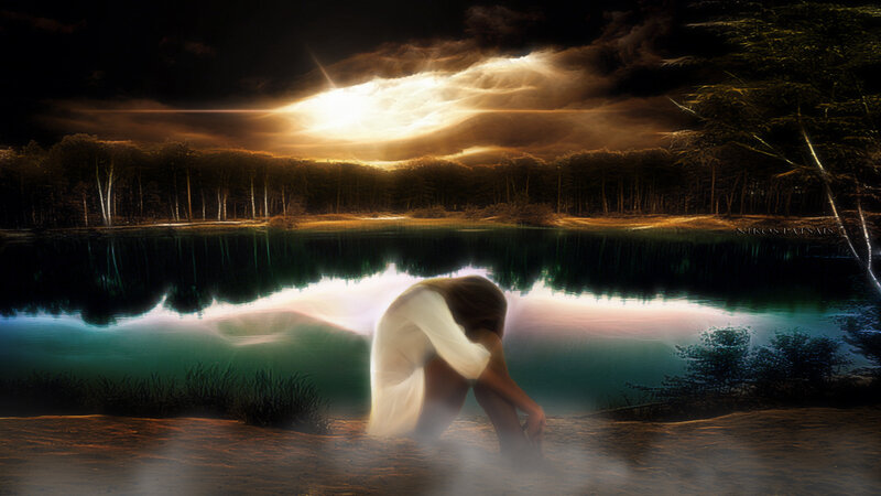 Woman by Lake at Night — Black