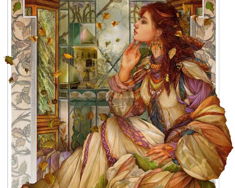 woman by stained glass window