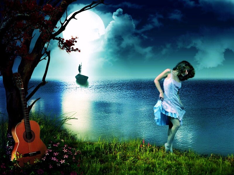 Woman by the moonlit lake