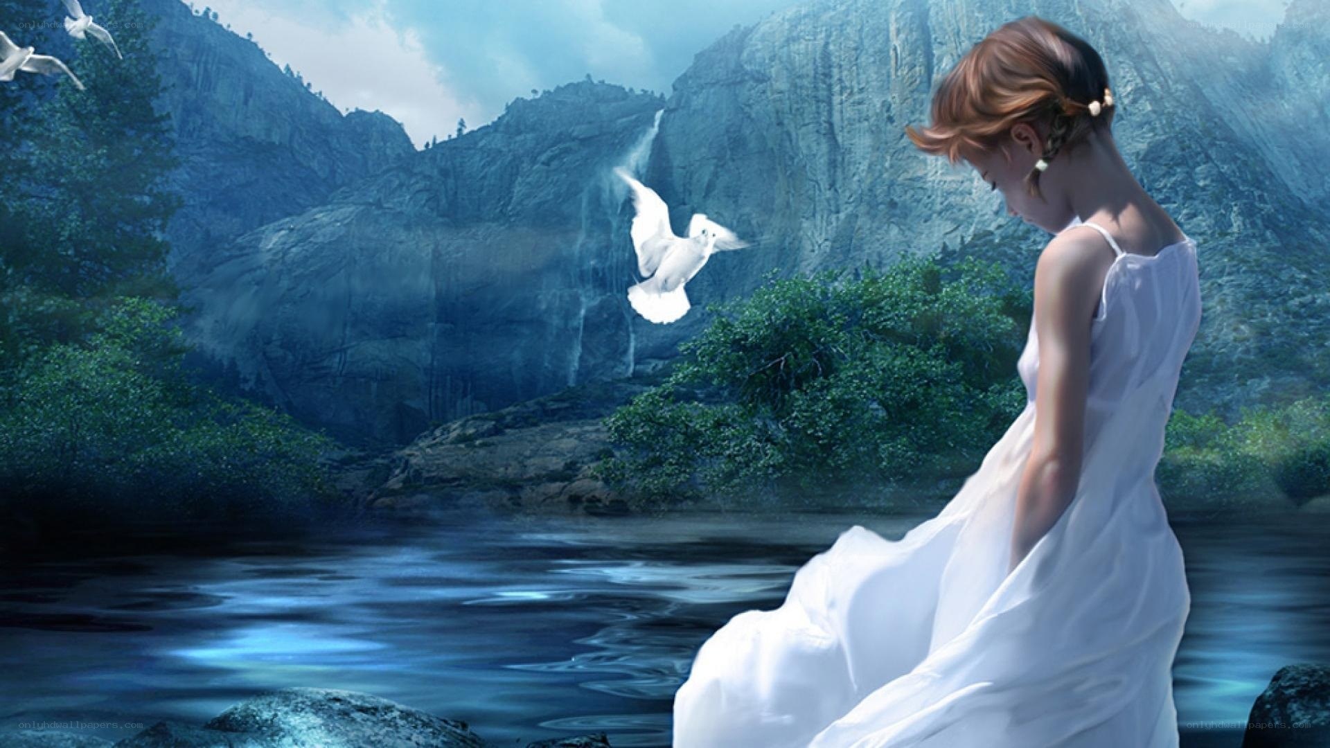 woman by the river with doves