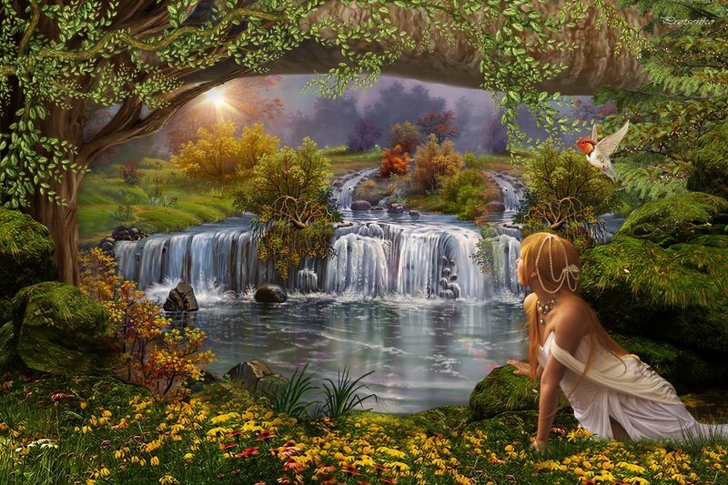 Woman by Waterfall — Green