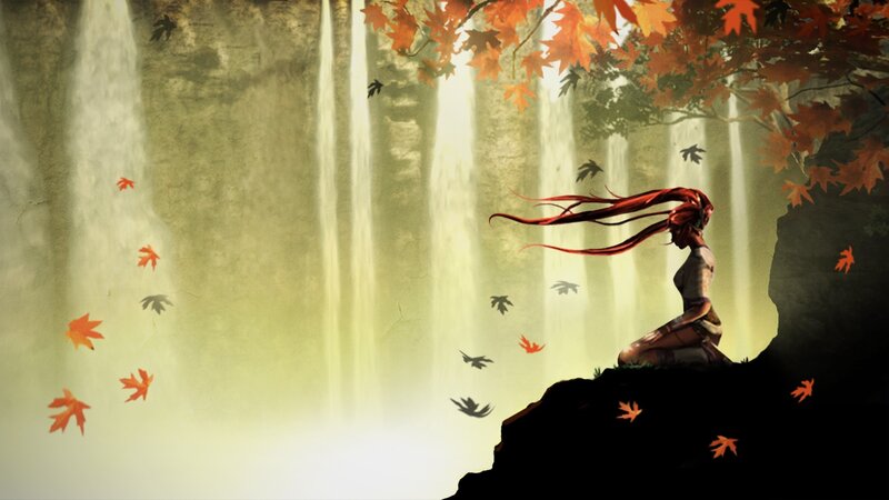 woman by waterfall in autumn