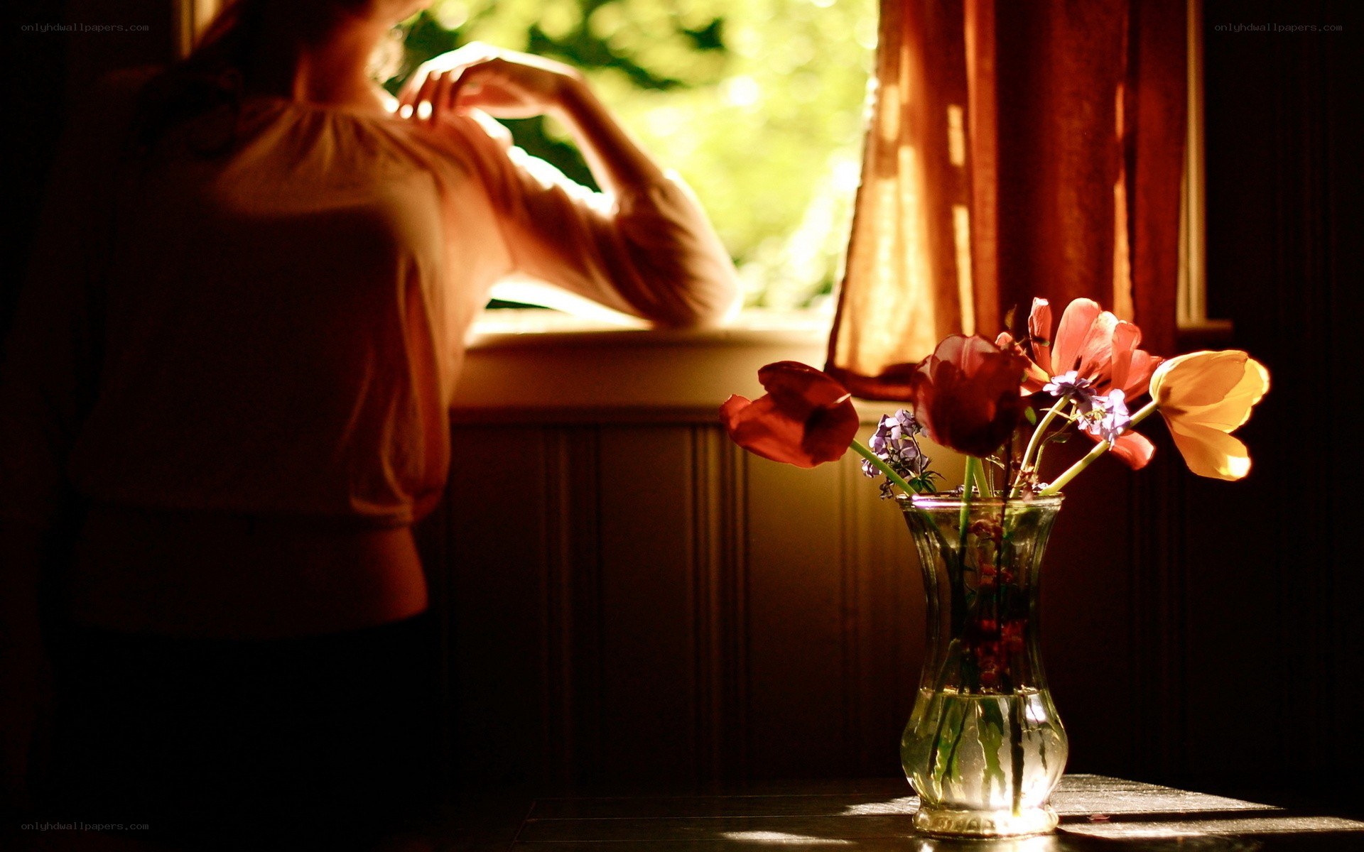 woman by window with flowers