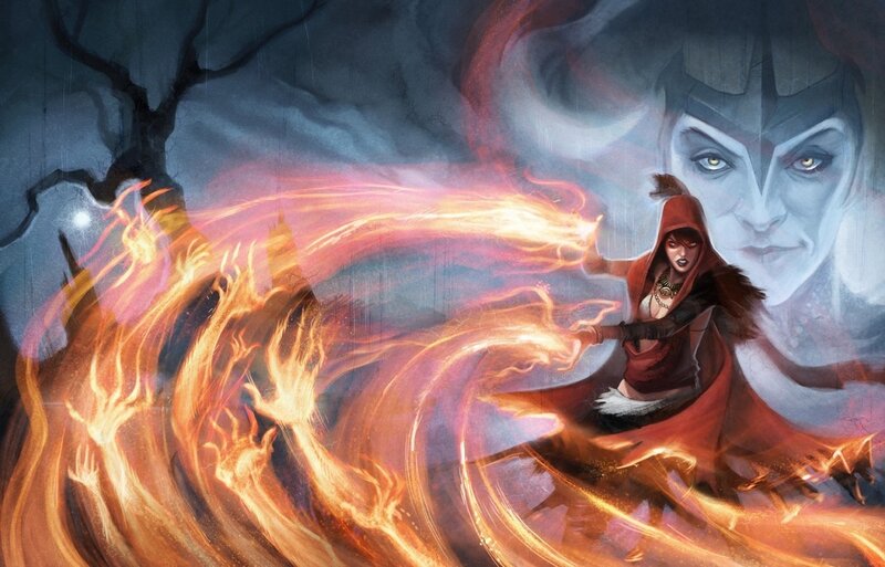 Woman Casting Fire Spell — Red, Dramatic, Intense