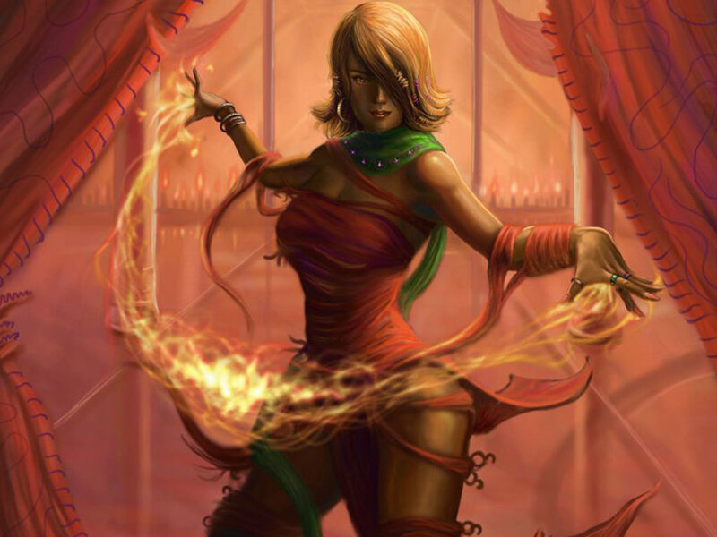 Woman Casting Fire Spell — Red, Dramatic, Night