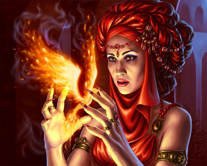 Woman Casting Fire Spell — Red, Dramatic