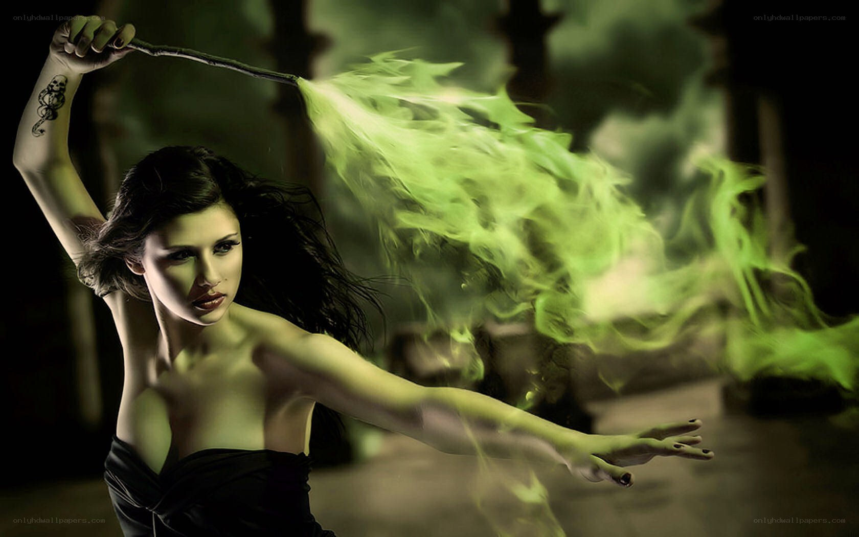woman casting green spell
