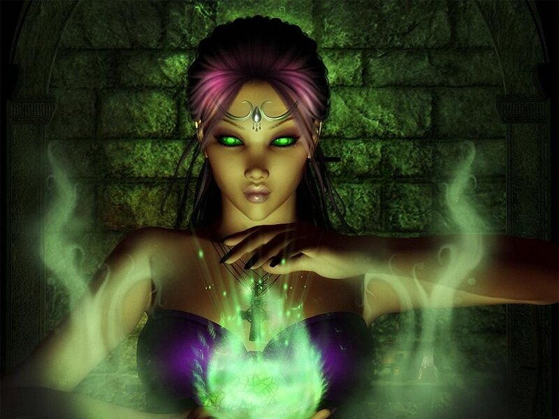 woman casting green spell