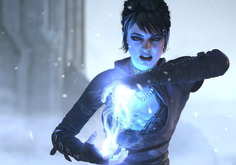 Woman Casting Lightning Spell — Blue, Dramatic
