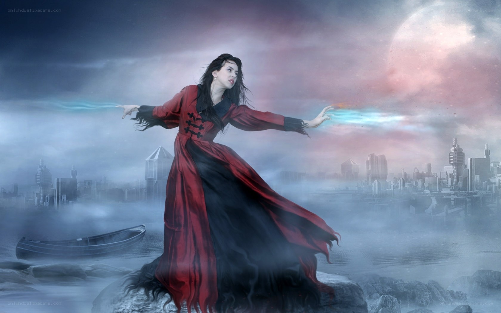 Woman casting magic over a city