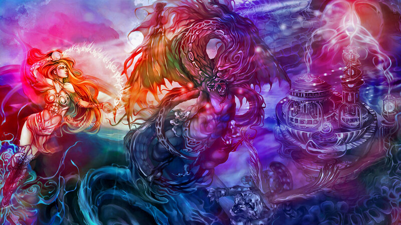 Woman Casting Spell at Dragon — Purple, Dramatic