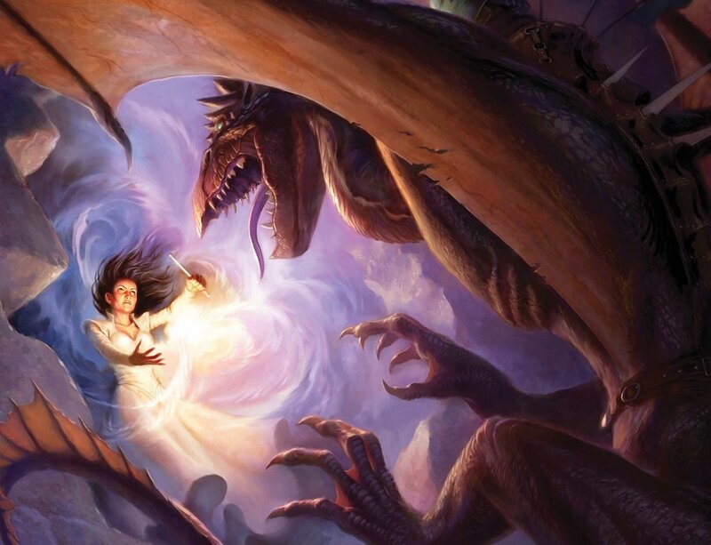 Woman Casting Spell at Dragon — Purple