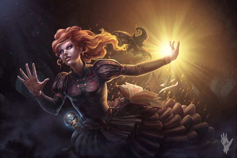 Woman Casting Spell — Black, Dramatic, Night, Digital Art, Book