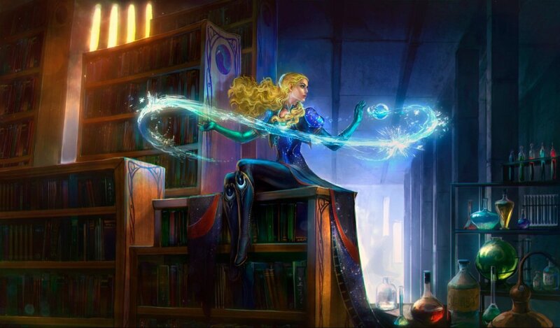Woman Casting Spell — Blue, Dramatic, Digital Art, Bookshelf