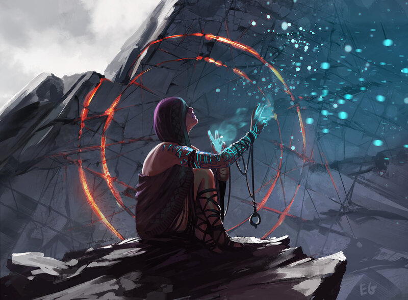 Woman Casting Spell — Blue, Dramatic, Digital Art, Magic Circle
