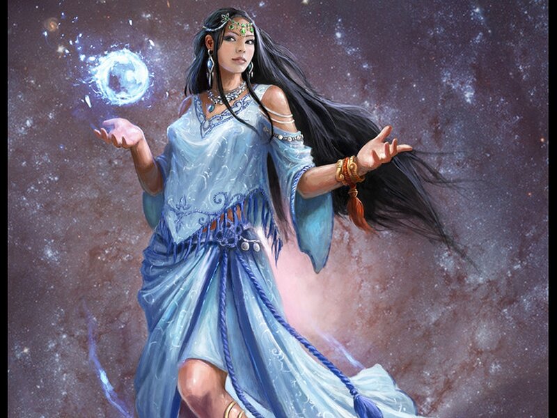 Woman Casting Spell — Blue, Dramatic, Digital Art, Magic Sphere