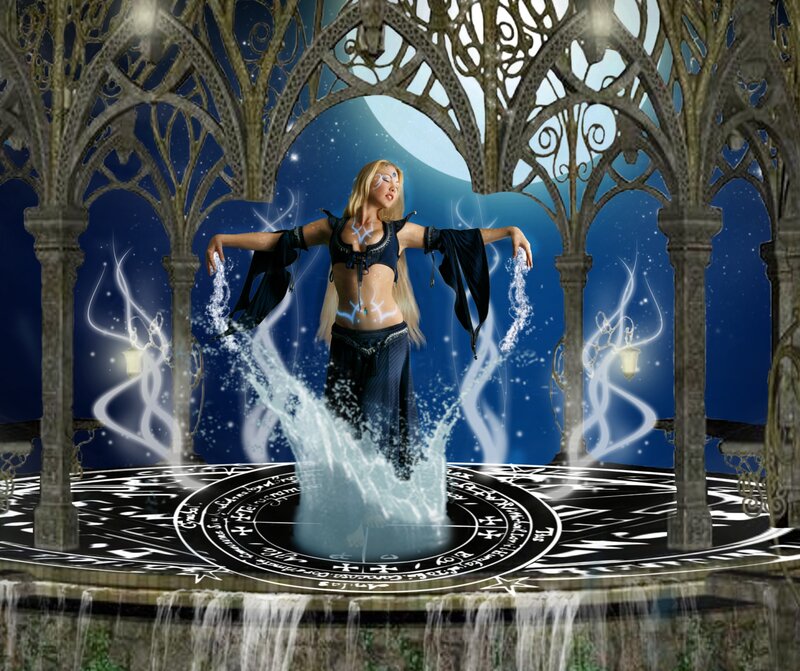 Woman Casting Spell — Blue, Dramatic, Night, Digital Art, Magic Circle